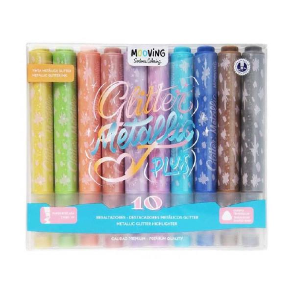 Resaltadores Mooving Metálicos Glitter X 10 Colores