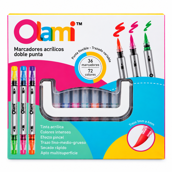 MARCADOR ACRILICO DOBLE PUNTA OLAMI X 36 (72 COLORES)