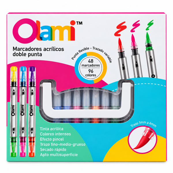 MARCADOR ACRILICO DOBLE PUNTA OLAMI X 48 (96 COLORES)