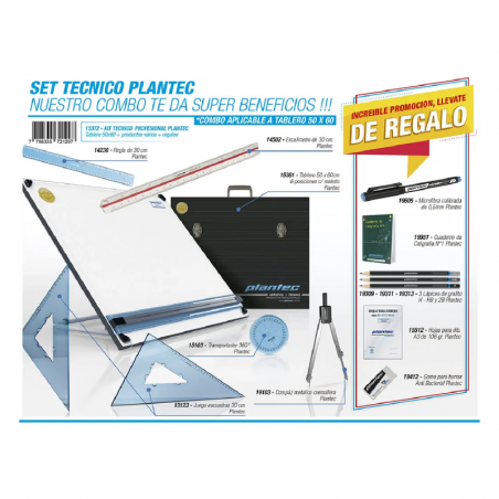 Set Técnico Profesional Plantec (15372) Tablero 50 X 60 CM 6 Útiles + 7 De Regalo