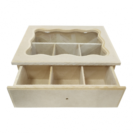 Caja De Te X 6 De Fibrofácil Con Cajón Y Vidrio